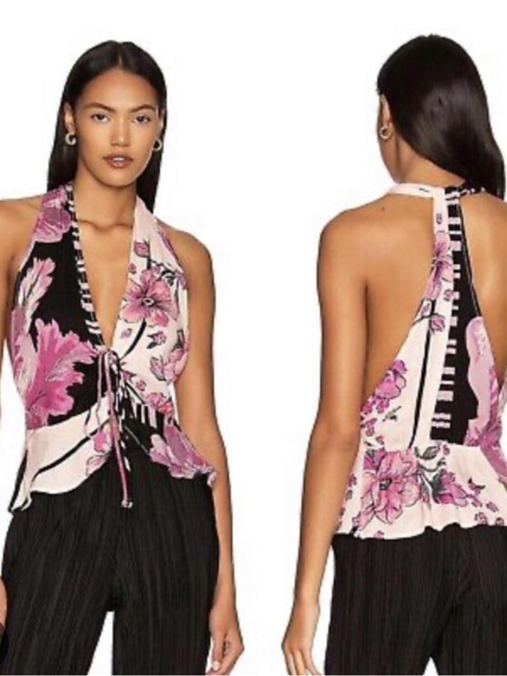 Free People Pink Floral Halter Tank Top with Black Accents
